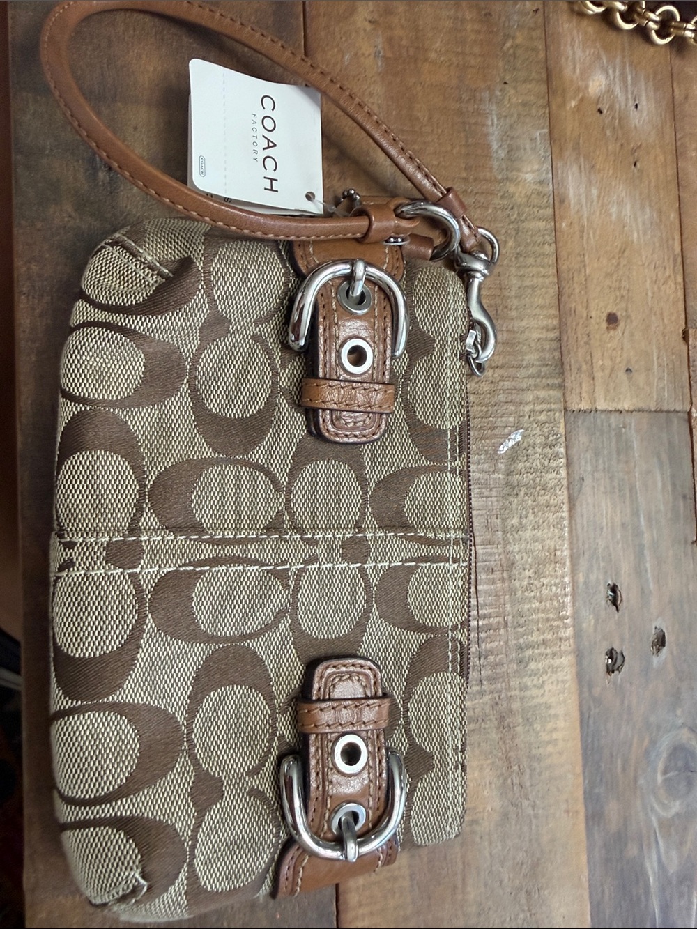 NWT Coach Brown Signature Canvas Wristlet with Leather Trim